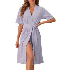 cheibear Women's After Shower Short Sleeve Self Tie Loose with Pocket Robe - 1 of 4