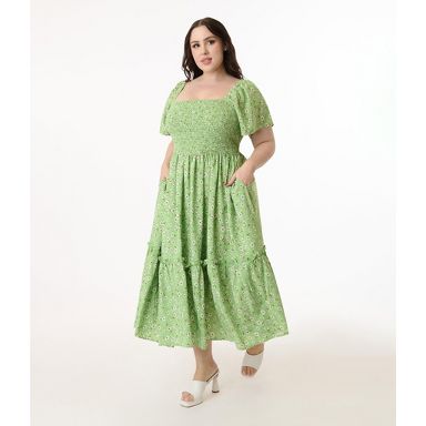 Unique Vintage Women's Plus Smocked Bodice Midi Dress Green Floral 1X/16 :  Target