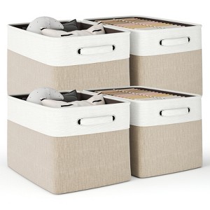 SUGIFT 4 Pcs Collapsible Storage Baskets with Handles Linen Fabric Organizer Bin with Metal Frame and Hard Bottom for Clothes Toys Books - 1 of 4