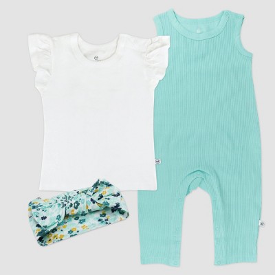 Honest Baby 3pc Organic Cotton Romper Flutter T-Shirt and Headband Set - Light Aqua Blue 0-3M