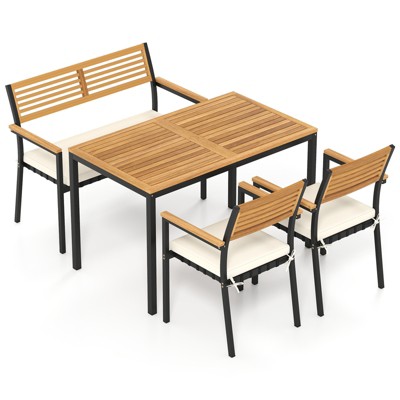 Tangkula Set Of 4 Patio Furniture Set Outdoor Dining Chair Set for 4 w/Acacia Wood & Metal Frame Umbrella Hole 1 Table 2 Armchairs 1 Bench