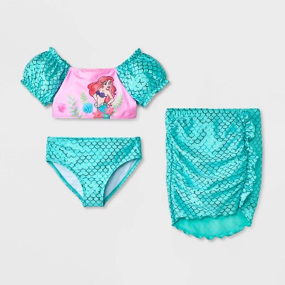 Girls' The Little Mermaid 3pc Swimsuit Set - Light Aqua Blue