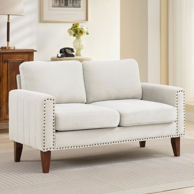 Hyleory 57.48'' Upholstered Linen Nailhead Loveseat Sofa with Solid Wood Legs