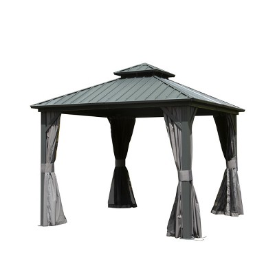 10X14 FT Outdoor Aluminum Patio Gazebo,Gazebo With Double Roof Canopy And Curtains,Galvanized Steel Hardtop Permanent Gazebo-Coolbibila