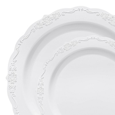 Smarty Had A Party White w/ Silver Vintage Rim Plastic Dinnerware Set - 120 Sets