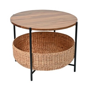 happimess Carly Modern Coastal Round Acacia Wood/Water Hyacinth Coffee Table with Storage Basket - 1 of 4