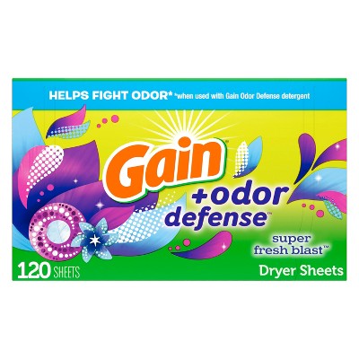 Gain + Odor Defense Dryer Sheets, Super Fresh Blast Scent Fabric Softener Sheets, 120 ct