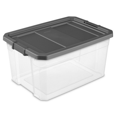 Sterilite 76 Quart Clear Plastic Modular Stacker Storage Bin Tote Container with Latching Lid, Clear Base, and Textured Surface, Flat Grey (24 Pack)