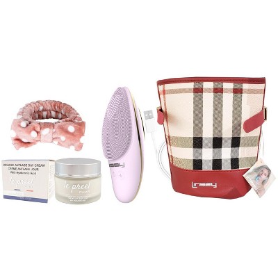 LINSAY Facial Cleansing Brush with LED Skin Therapy Bundle with Le preel Paris Organic Day Time Cream, USB Cable, Headband and Cosmetic Bag