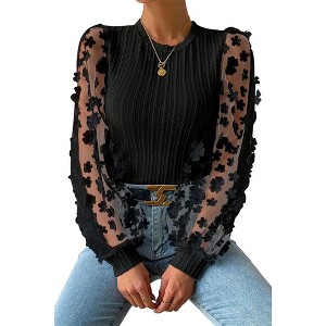Womens Crewneck Slim Fit Ribbed Top Mesh Floral Chiffon Long Sleeve Blouse - 1 of 2