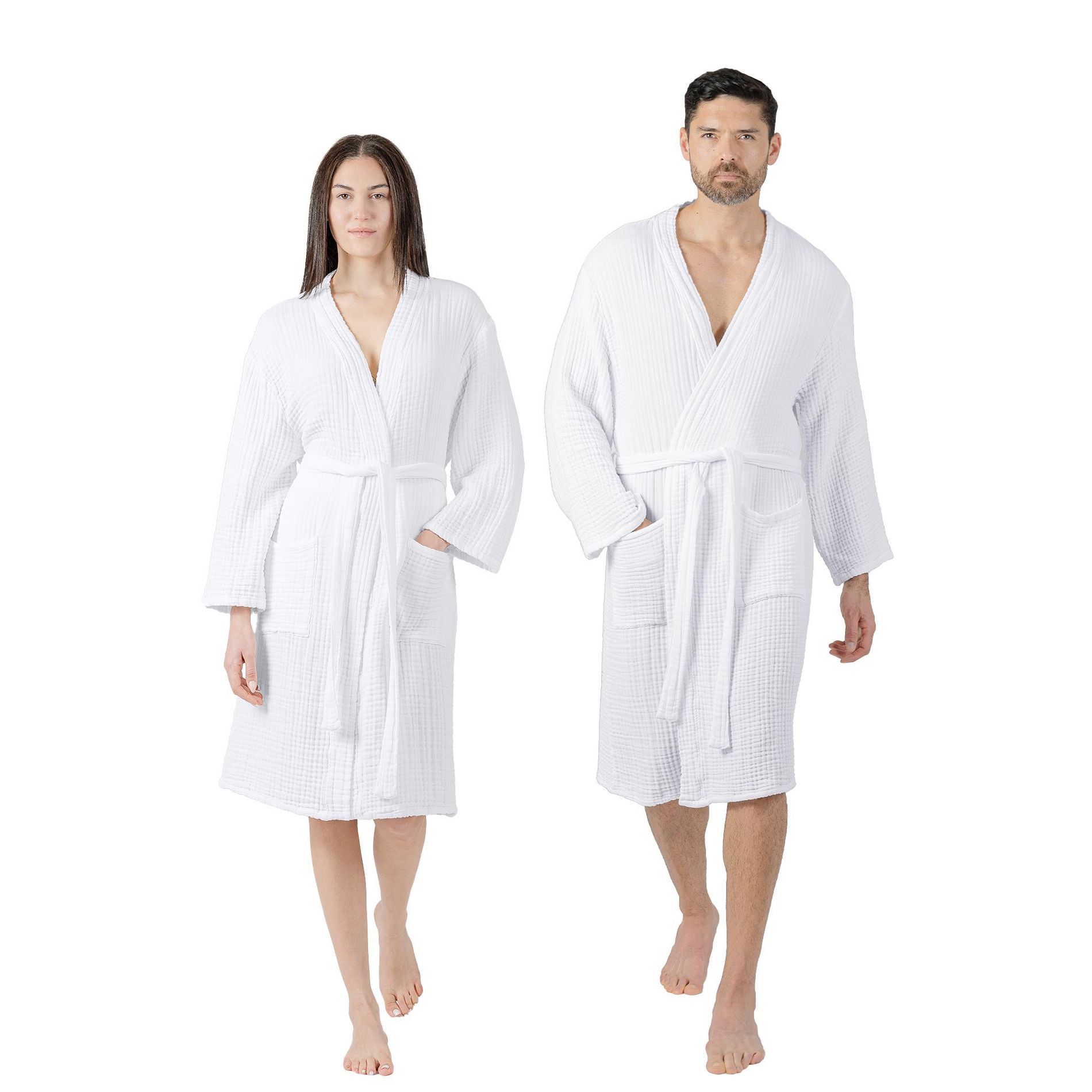 Comfy Cubs Adult Muslin Bathrobe 100% Cotton Robe with 4-Layer Absorbent Muslin Fabric - White (Small/Medium)