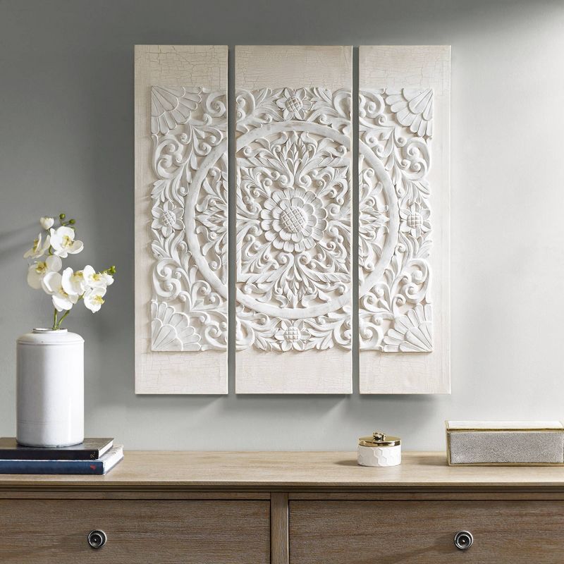 (Set of 3) 35.5&#34; Height Wooden Mandala 3D Embellished Canvas Decorative Wall Art Set White, 3 of 8