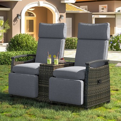 Patio Loveseat Set,Wicker Outdoor Lounge Chair With Cushions And Storage Table,Adjustable Backrest,Wooden Armrest Recliner Chair-Coolbibila