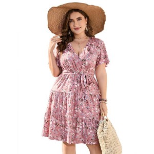 Women Plus Size V Neck Wrap Dress High Waist Short Sleeve Ruffle Casual Summer Midi Dress with Belt,Pink small flower,2XL - 1 of 4