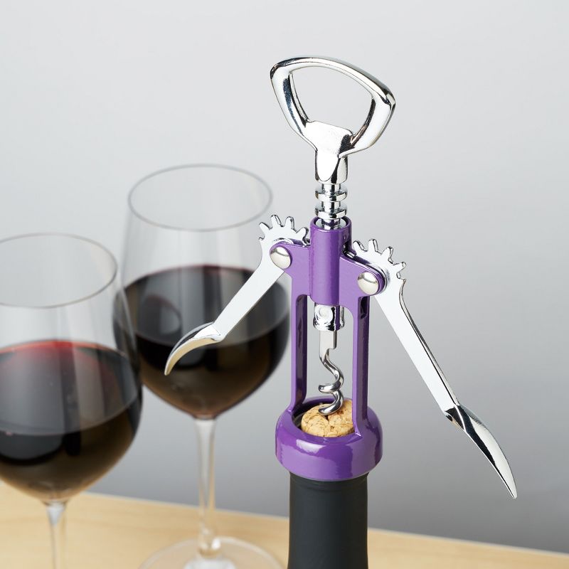 True Soar Winged Corkscrew Wine Opener - Self Centering Worm, Stainless Steel, Manual Wine Bottle Opener, Purple, 2 of 4