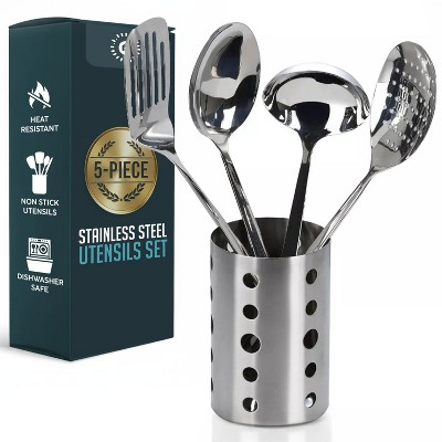 5 Pc Stainless Steel Cooking Utensil Set with Holder –  Includes Ladle, Skimmer & Serving Spoon, and Countertop Holder