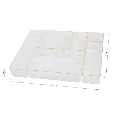 Clear Plastic Stackable Office Desk Drawer Organizers with Gold Trim, Set of 6
