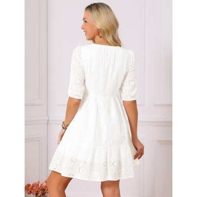 Женские платья INSPIRE CHIC Women's Lace Eyelet Summer Tie V Neck Half Puff Sleeve Tiered Flowy A Line Mini Dress Medium White — фото 4