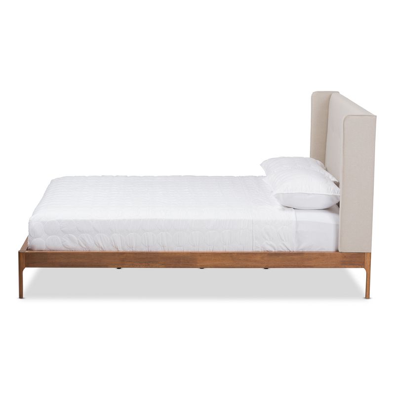 Brooklyn Mid Century Modern Walnut Wood Fabric Upholstered Platform Bed Beige - Baxton Studio, 3 of 13