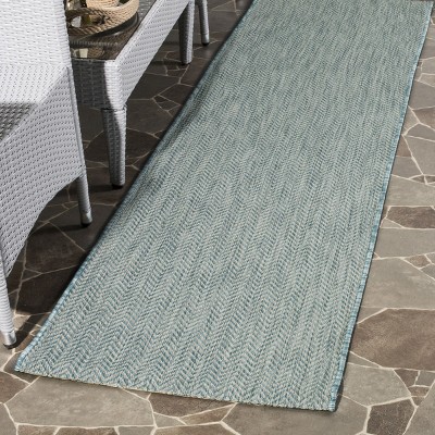 Aqua and Grey Synthetic 27'' Easy-Care Indoor/Outdoor Runner Rug