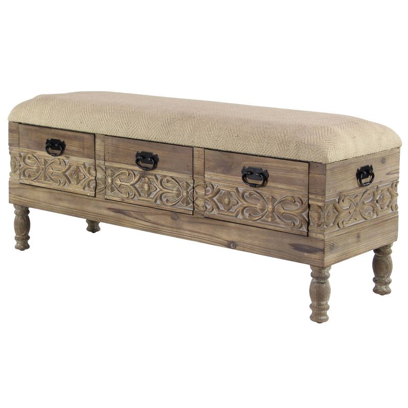 Carved Wood and Upholstered Storage Bench with Drawers Brown - Olivia &#38; May, 3 of 20