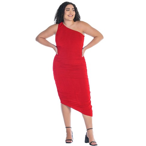 24seven Comfort Apparel One Shoulder Ruched Plus Size Bodycon Dress-Red-1X