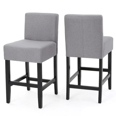 Vynxaria Counter Stool Set of 2 Light Gray Fabric Upholstered Rubberwood Frame 26 Inch Height