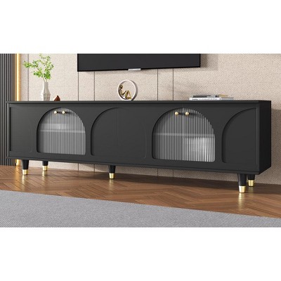 Grungis TV Stand with Gold Handles and Arch Fluted Glass Doors for TVs Up to 78 Inch,Console Table with 2 Cabinets for Bedroom,Living Room