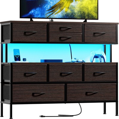 WOWLIVE 9 Drawer Dresser for Bedroom, Chest of Drawers with Fabric Drawer, 55’’ TV Stand with Charging Station and LED Lights