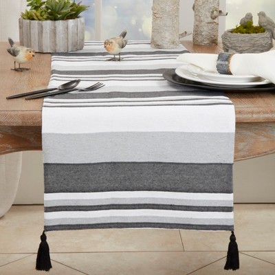 Gray and White Striped Cotton Table Runner with Tassels