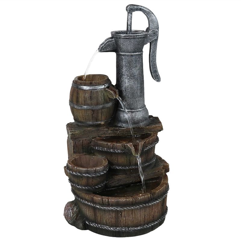 Sunnydaze 23"H Electric Polyresin Cozy Farmhouse Pump and Tiered Barrels Outdoor Water Fountain with LED Lights, 1 of 14