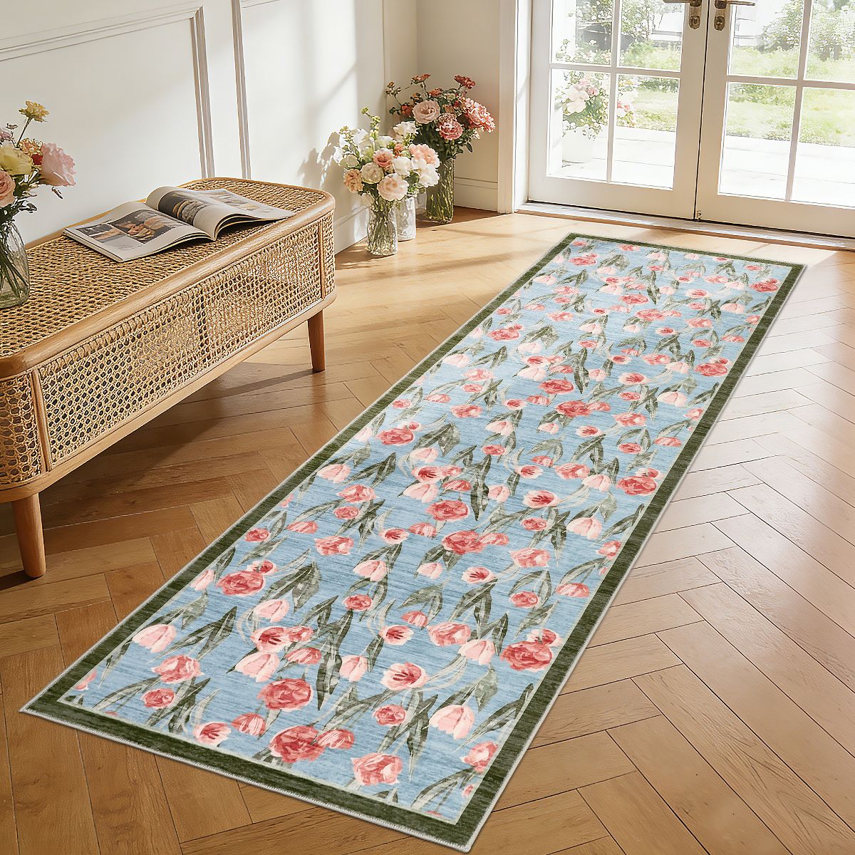 Garvee Tulip Area Rugs for Living Room, Non-Slip Low Pile Washable Carpet, Farmhouse Floral Accent Rug Home Decor