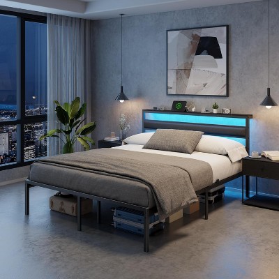 Queen size Bed Frame with Led Lights and Charging Station Frame with Headboard and Under Bed Storage Black Metal Platform Bedframe and Storage Shelf