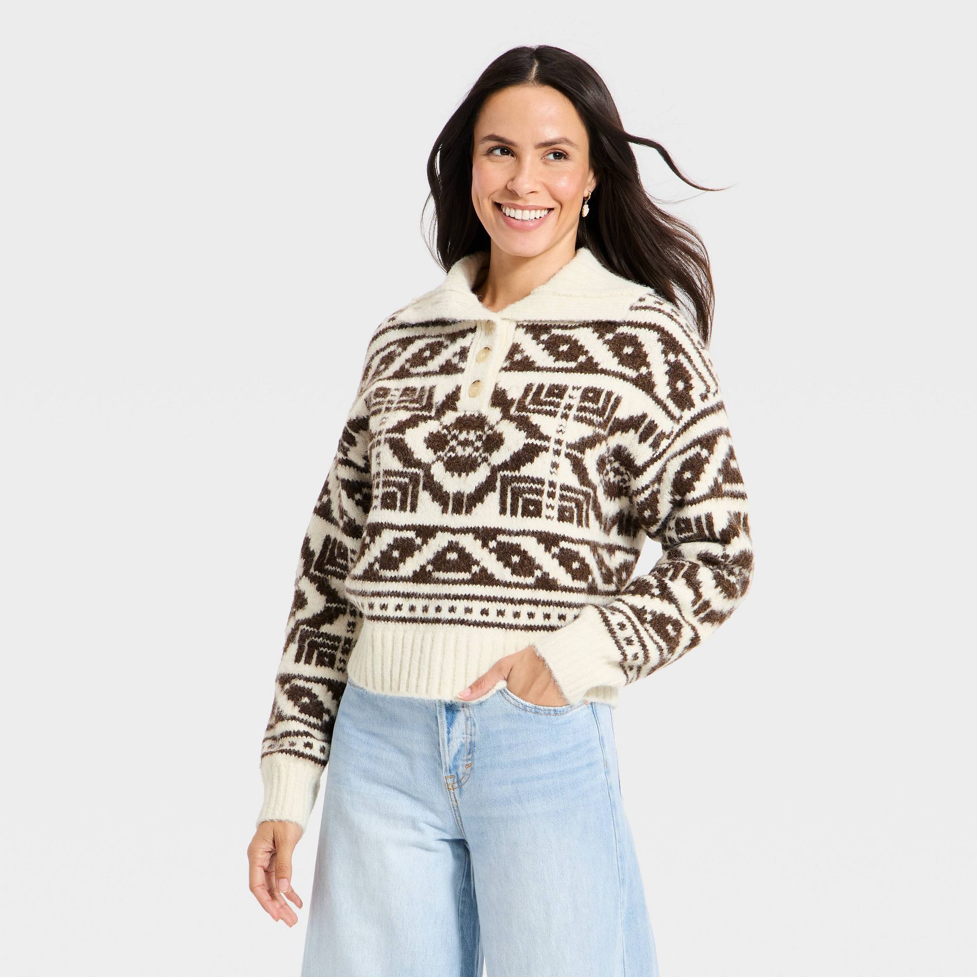 Women's Fairisle Henley Shawl Sweater - Universal Thread™