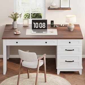 53.5" Executive Desk with 4 Drawers, Farmhouse Home Desk with Filing Cabinet, Wooden Computer Writing Desk for Study, Conference Table, White - 1 of 4