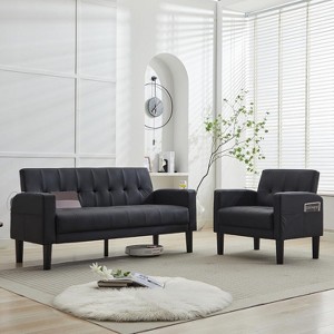 TYBOATLE 2-Piece Sofa Couch, Modern Linen Upholstered Sofa, 1 Loveseat & 1 Accent Chair Sofa with Deep Seats for Living Room,Black - 1 of 4