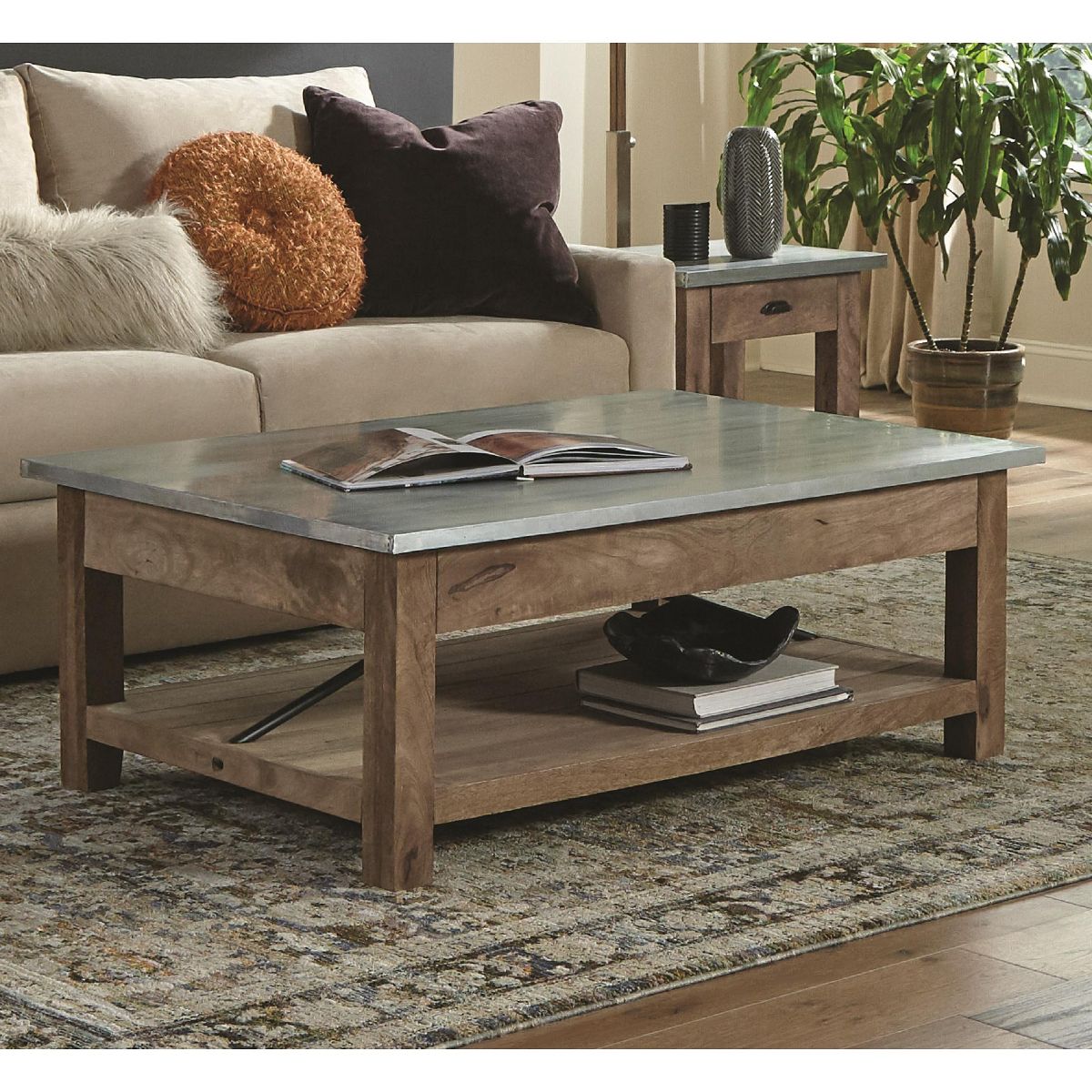 Millwork 48 in. Coffee Table with Lower Shelf, Modern Industrial Style with Silver Zinc Metal Tabletop and Wood Accents - thumbnail 3