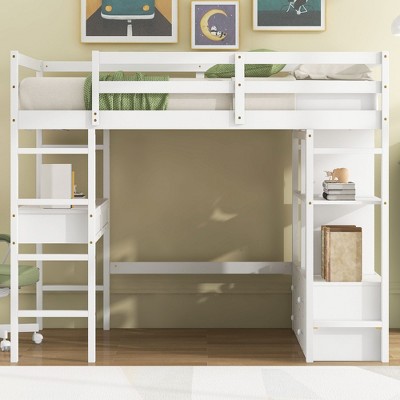 PAGED Full Size Loft Bed with Desk Modern Wooded Bed Frame with Storage Shelves and Drawers for Bedroom