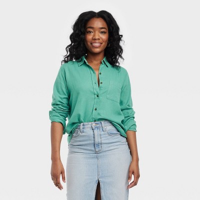 Women's Linen Long Sleeve Collared Button-Down Shirt - Universal Thread™ Green XL