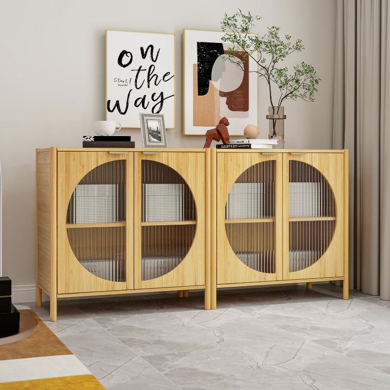 Bamboo 2 Door Cabinets with 1 Adjustable Internal Shelf, Buffet Sideboard Storage Cabinet, Natural - Modernluxe, 1 of 13