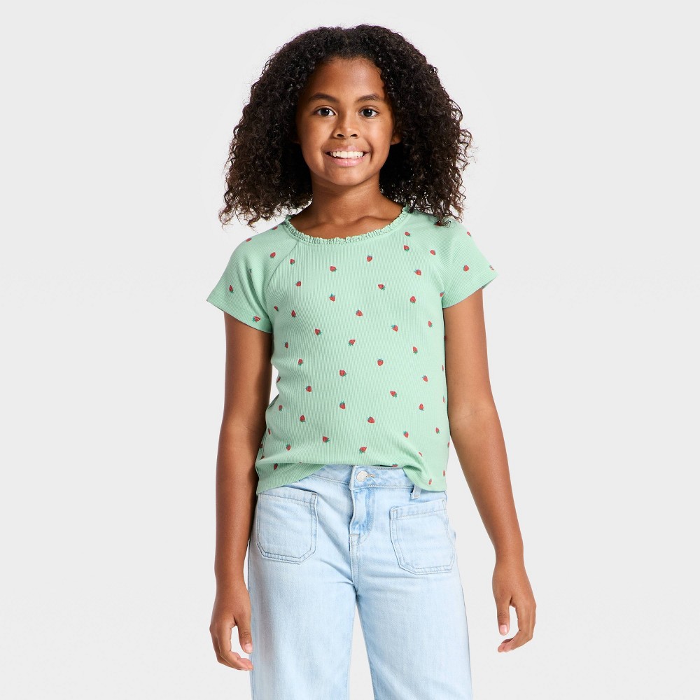 Girls' Short Sleeve Fitted Ribbed Strawberry T-Shirt - Cat & Jack™ Dusty Mint Green XS