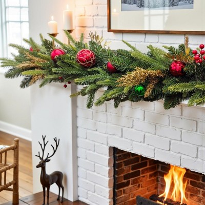 MOEPISY 9 FT Pre-lit LED Christmas Garland with 20 Red Balls, Multi-Function Christmas Garland with 50 Warm White LED Lights