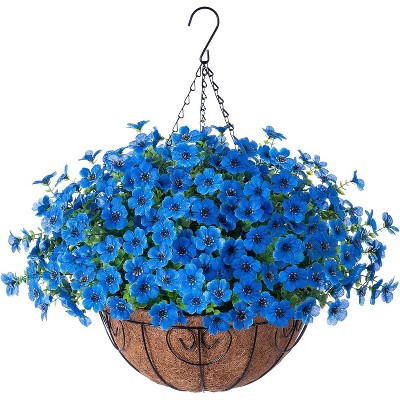 Artificial Faux Hanging Plants Flowers Basket for autumn Outdoor Outside Decoration, Fake Silk UV Sun Resistant Look Real Colorful Daisy Eucalyptus