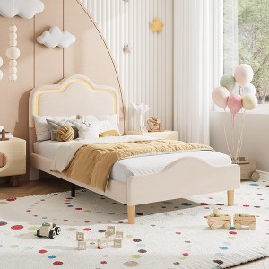 Twin Velvet LED Princess Bed Frame: Adjustable Headboard/Footboard, Wooden Slats. No Box Spring, Easy Assembly – For Kids/Girls - 1 of 4