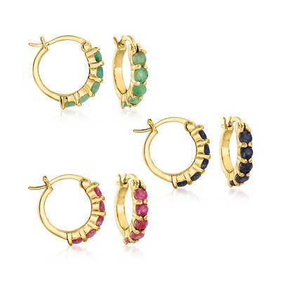 Ross-Simons 2.60 ct. t.w. Ruby, Emerald and Sapphire Jewelry Set: 3 Pairs Of Huggie Hoop Earrings