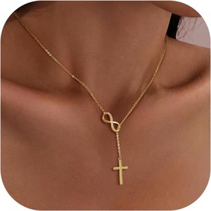 Layered Cross Necklace 14K Gold Plated with Beads CZ Mary Medal First Communion Gift infinity cross necklace - 1 of 4