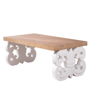 Vynxaria Farmhouse Style 47" Rectangular Coffee Table - White Carved Base, Natural Wood Top, Living Room Accent Table