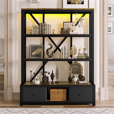 SKRAN 3-Shelf Metal Bookcase with Drawers for Home Office, Open Bookcase, Vintage Industrial Style Bookcase with LED