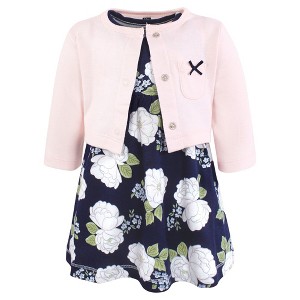 Hudson Baby Infant and Toddler Girls Cotton Dress and Cardigan Set, White Peonies - 1 of 4