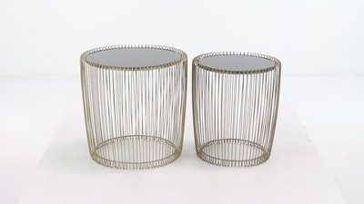Elegant Gold Metal and Black Glass Round Accent Table Set